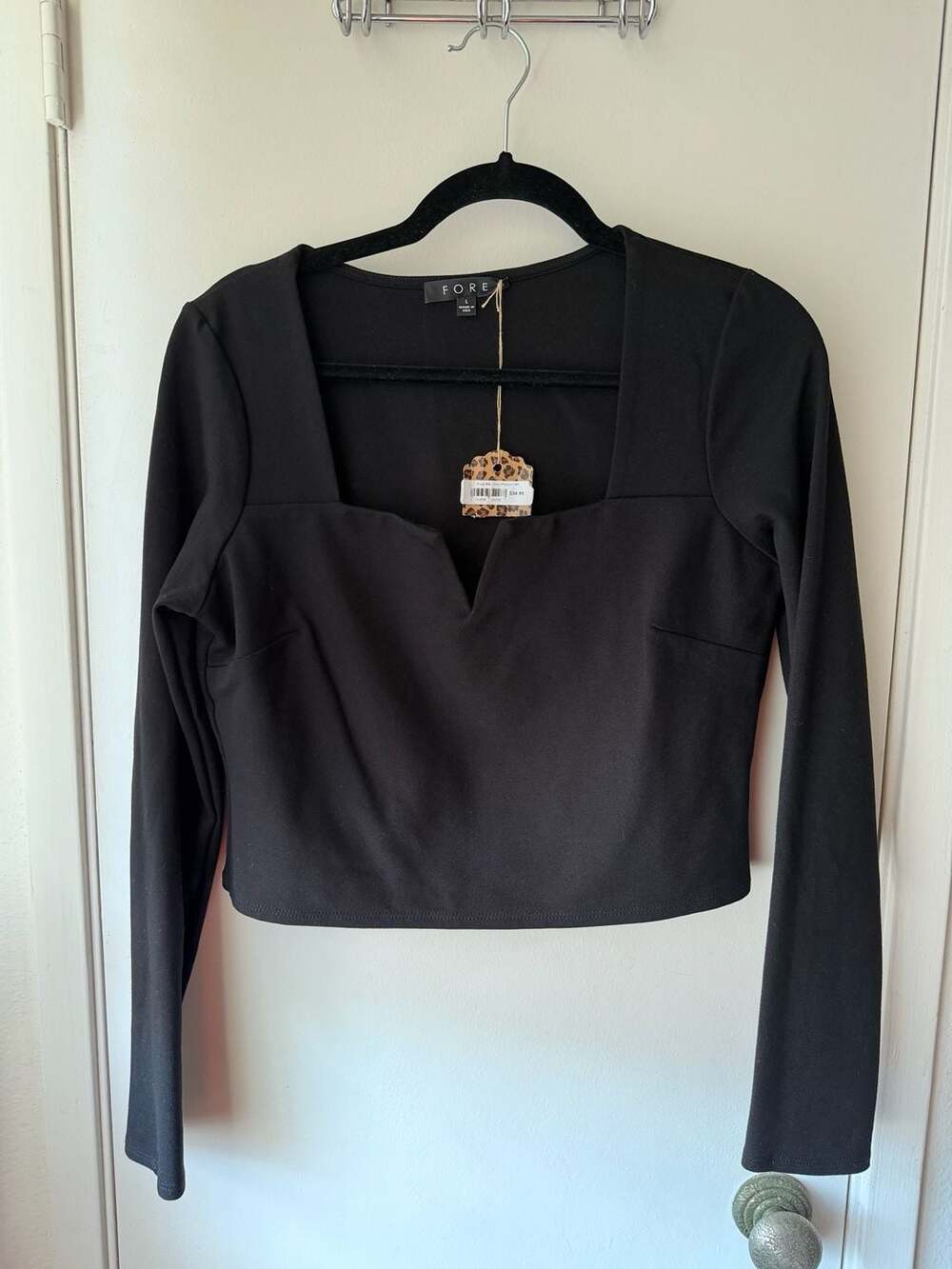 FORE Black Long Sleeve Crop Top with Square Notch Neckline